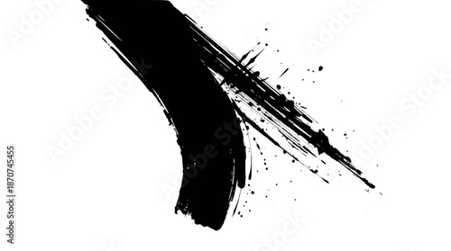 A dynamic, expressive black brush stroke with splatters on a clean white background, conveying artistic energy and abstract design.