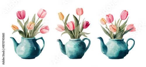 Spring tulip bouquet in teapot set. Watercolor tulips  flowers with vintage vase. Delicate floral illustration isolated on white background for botanical art lovers. Vector illustration.