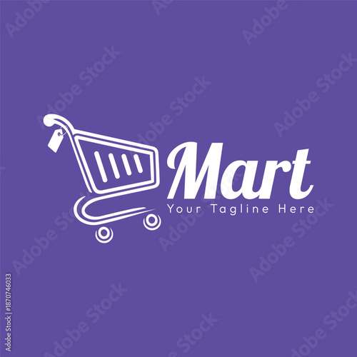 Mart shopping cart logo with price tag and shopping trolley icon combination, white vector icon on purple background, retail store branding, online shopping business logo
