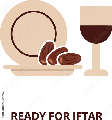 Ramadan Iftar Table Setting with Dates and Drink – Minimalist Vector Illustration for Ramadan Kareem