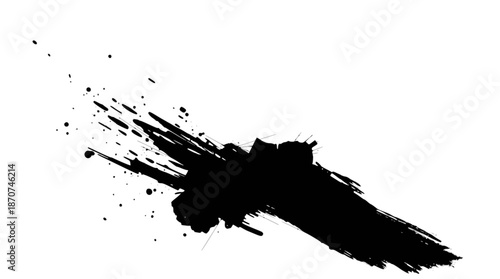 Dynamic black ink splash with scattered droplets on a clean white background, creating an abstract and expressive texture.