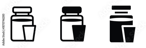 Black icons of medicine bottles with cups,Bottles for water, milk, alcohol, beer, cognac, cocktail, wine and other drinks