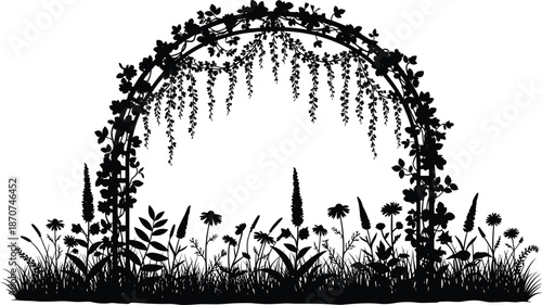 Garden floral archway silhouette vector illustration with climbing plants, hanging vines, meadow flowers, and wild grass for romantic wedding decor and botanical landscape designs.