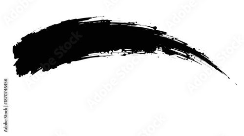 A bold, textured black brush stroke with a curved, arching shape, isolated on a white background, depicting an artistic graphic element.