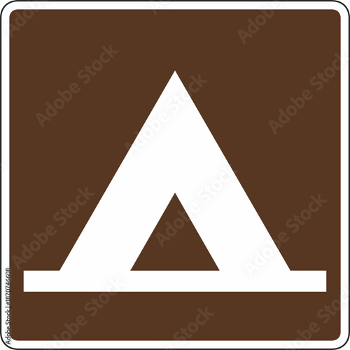 A brown and white camping sign with a triangular symbol indicating a campsite or recreational area.