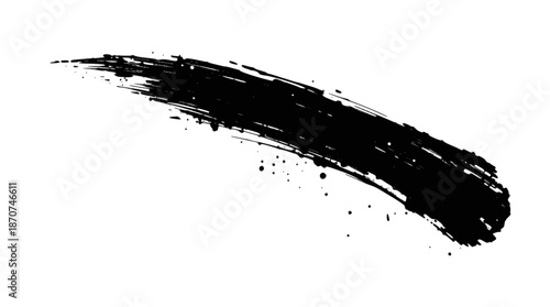 A dynamic black ink brush stroke with splatters, creating an artistic and expressive texture on a white background.