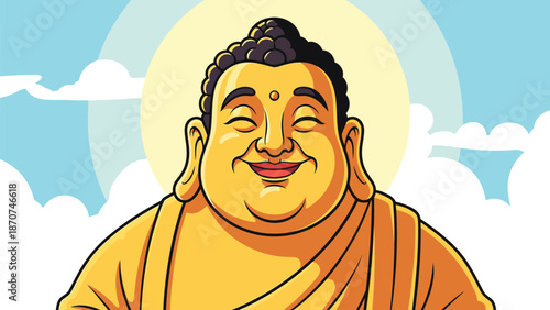 A joyful and smiling Buddha character with a radiant aura and a prominent belly is depicted against a bright sky, embodying happiness and prosperity.