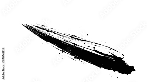 Dynamic black ink brush stroke with splatters on a white background, resembling a swift movement or abstract art.