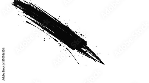 A dynamic black brush stroke with ink splatters and drips diagonally across a clean white background, creating an abstract artistic effect.