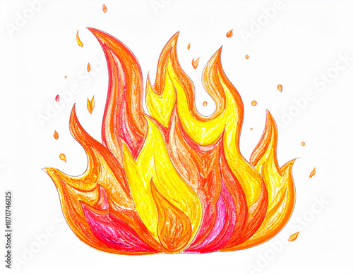 yellow, orange, red pencils painting of fire flames isolated on white paper background