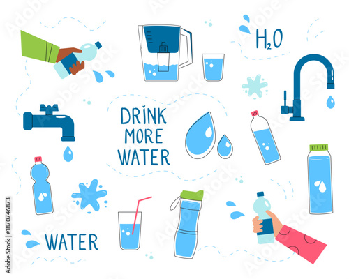 Vector illustration set about drinking water. Icons of bottles, glasses, taps, and filters with Drink More Water text. Healthy lifestyle and hydration concept isolated on white