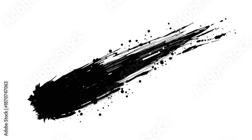 Dynamic black ink brushstroke with splatter effect on a white background, resembling a comet or a swift movement.