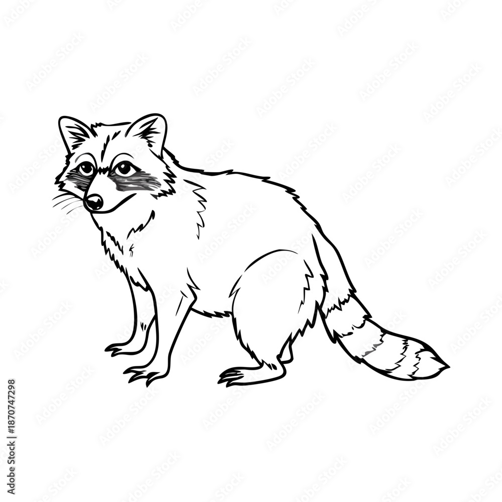 Fototapeta premium Raccoon sketch illustration showing a standing raccoon with detailed features and fur texture. Raccoon sketch captures the unique characteristics of this animal.