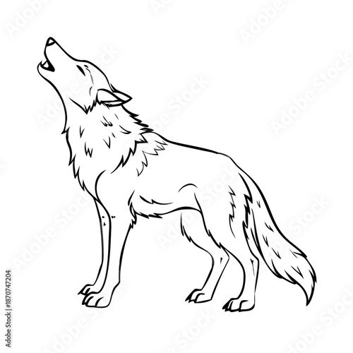 Howling wolf sketch in detailed engraving style, representing wildlife with a beautifully illustrated howling wolf. The wolf stands majestically with raised head.