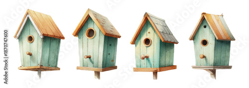Watercolor set of birdhouses for spring birds, wooden houses on green trees, cute garden feeders with heart-shaped details, colorful cartoon vector icons for kids. Vector illustration.
