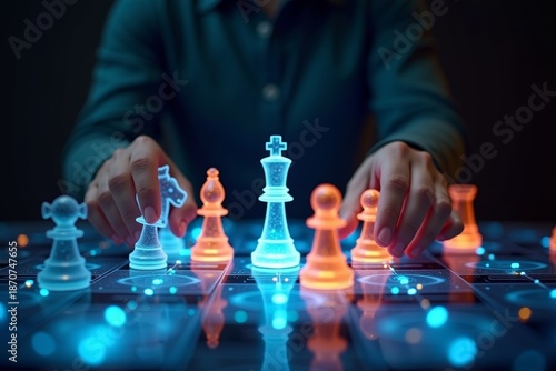 Futuristic AI Board: Colorful holographic chess pawns merge as beautiful individuals take control
