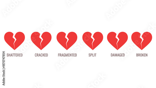 Six red broken hearts with different damage descriptions.