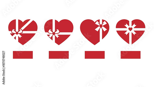 Red hearts with gift bows and ribbons on white background.