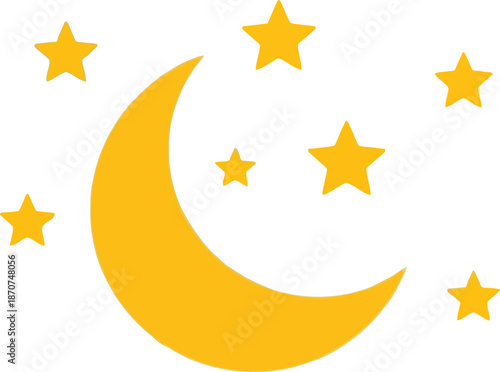 Ramadan Crescent Moon and Stars Icon – Islamic Holiday Symbol, Festive Yellow Vector Illustration
