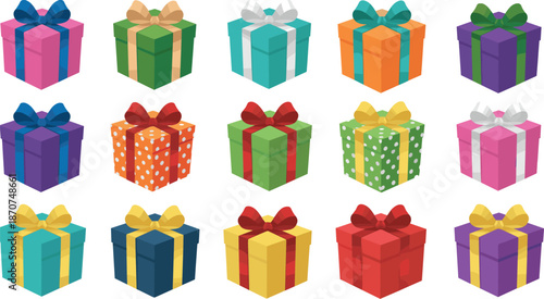 Colorful gift box set vector illustration collection of wrapped presents for birthday holiday celebration isolated on white background design template