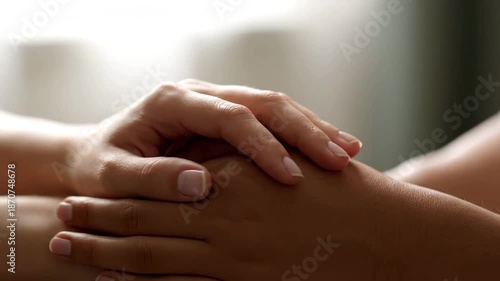 Gentle human hands with caring mood comforting a knee during a supportive touch moment against a soft blurred indoor
