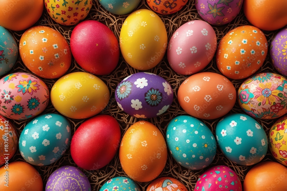Fototapeta premium Colorful Easter eggs arranged in rows on woven background