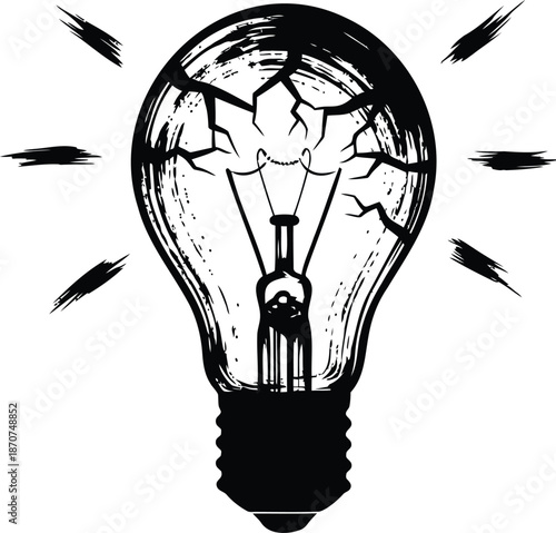 Broken light bulb with cracks and chaotic ink brush strokes conceptual illustration of creative failure