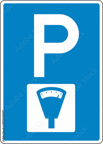 A blue and white parking sign with a meter icon indicating paid parking.