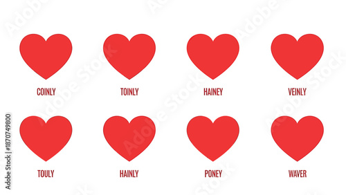 Eight red hearts with terms of endearment written below each heart.