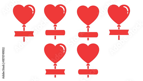 Six red hearts on balloons with blank labels arranged in two rows.