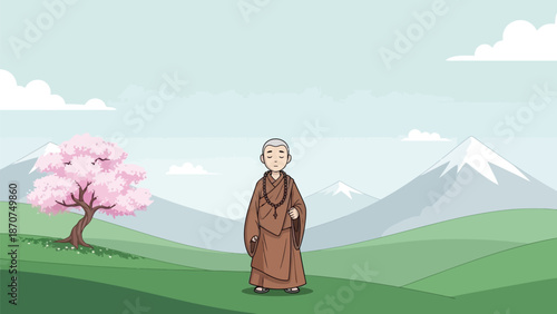 A contemplative monk stands serenely in a beautiful, expansive natural landscape featuring a pink cherry blossom tree and distant mountains under a blue sky.