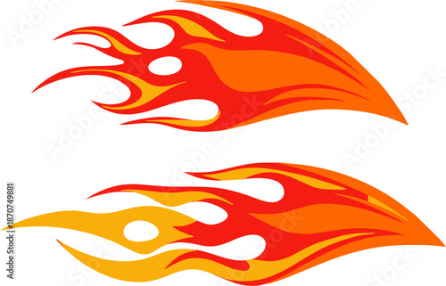  Two stylized flame decals in red, orange, and yellow with dynamic curves and cutouts. Vector illustration for vehicle decoration, racing graphics, and speed-themed designs.