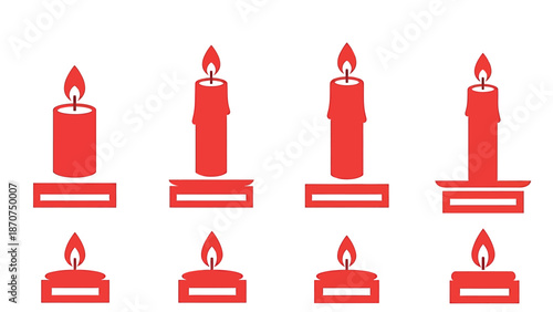 Red candles in various sizes with lit flames on holders.