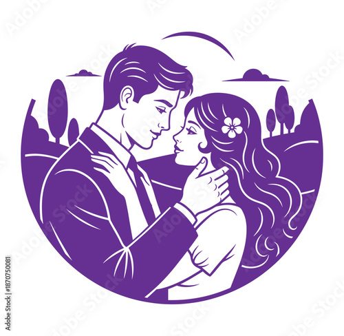 man in suit embracing woman with flower in hair in purple illustration