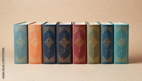 Illustration of six assorted Qur’an book icons arranged in two rows, flat color style with soft shading, simple plain background