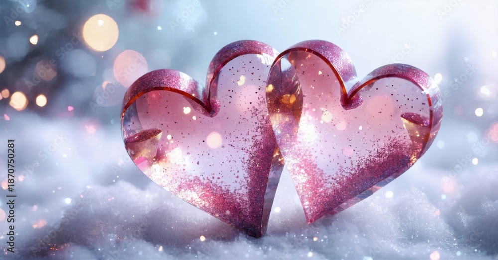 Obraz premium Pink hearts rest upon snow. Glitter sparkles, creating romantic winter scene. Soft focus, dreamy aesthetic.