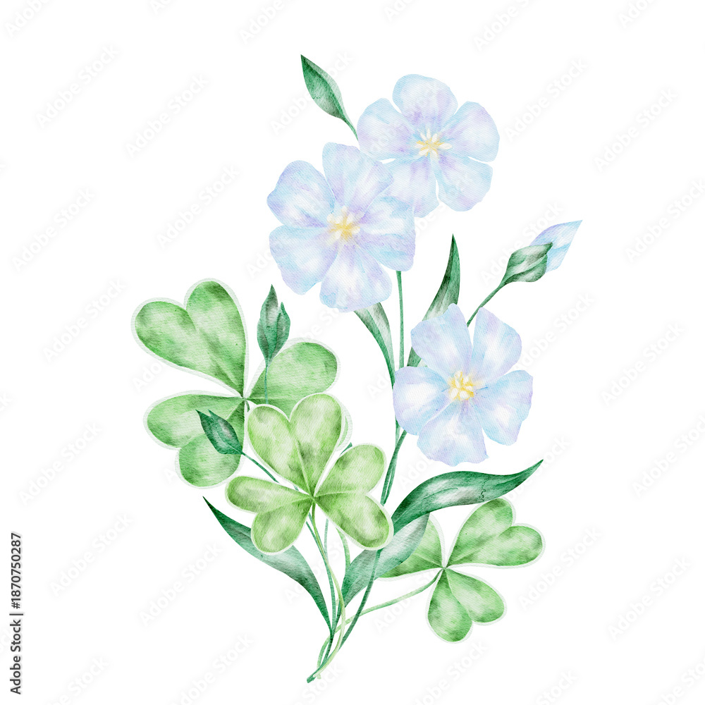 Obraz premium Green shamrock plant with blue flax flowers, hand painted watercolor illustration. Suitable for St Patricks Day botanical designs, greeting cards, posters, scrapbooking, textile