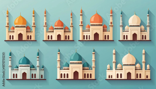 Illustration of six assorted mosque icons arranged in two rows, flat color style with soft shading, simple plain background. 
