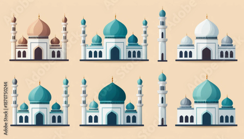 Illustration of six assorted mosque icons arranged in two rows, flat color style with soft shading, simple plain background. 