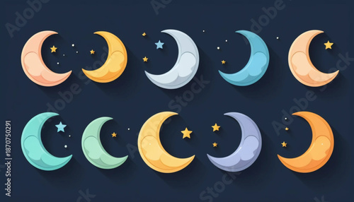 Illustration of six assorted crescent moon icons arranged in two rows, flat color style with soft shading, simple plain background. 