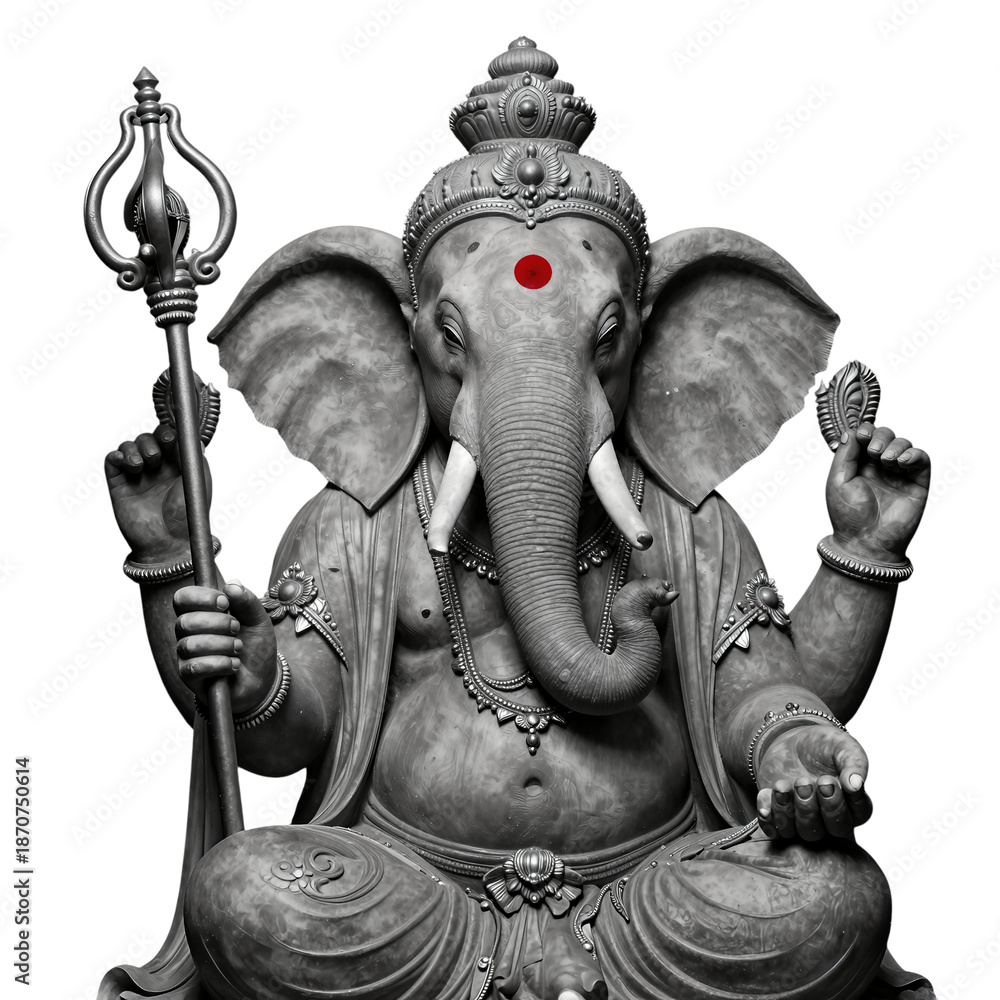 Fototapeta premium Detailed stone statue of elephant-headed deity with staff and ornate jewelry.