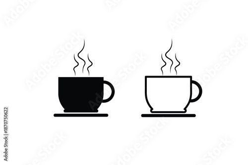 Hot coffee and tea cup icon set with steam elements. Perfect for café menus, beverage branding, break time concepts, and hospitality designs.