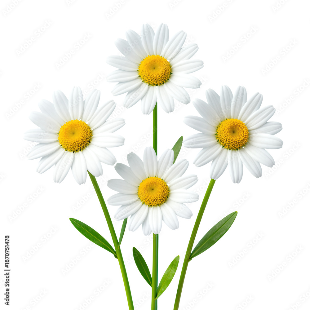 Fototapeta premium Four white daisies with yellow centers and green stems