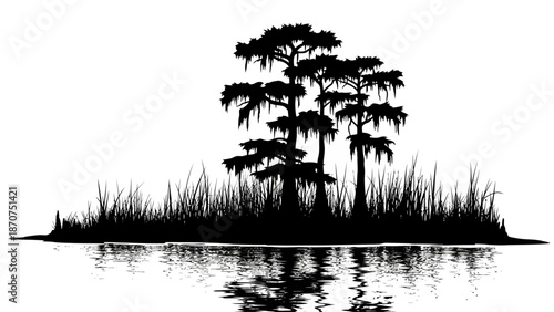 Serene Island Landscape with Trees and Reflection in Calm Waters