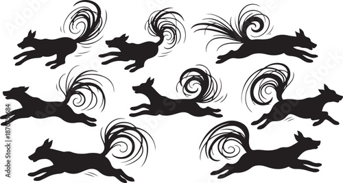 Set of running horse silhouettes with flowing tails