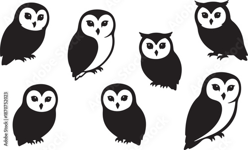 Collection of black and white owl silhouettes on white