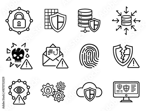 Cyber Security Icons Set for Network Protection, Threat Detection, and Secure Data Systems