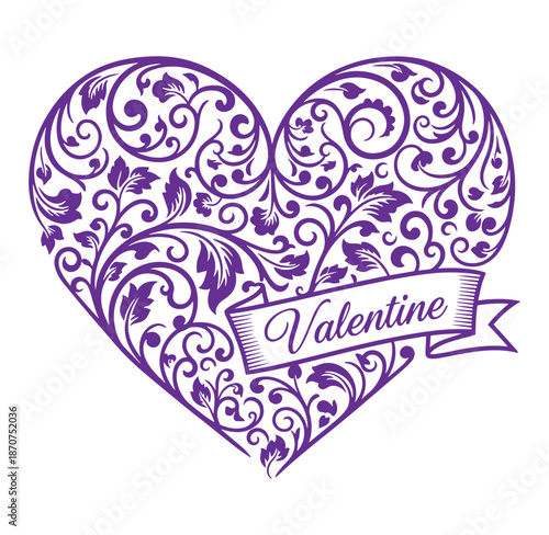 Purple heart shaped valentine card with floral design and banner