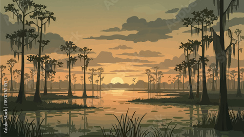 Serene wetland landscape at sunset with trees and calm water reflection