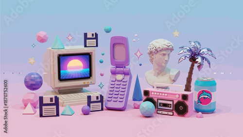 Vintage electronic devices and sculptures arranged in a surreal, pastel-colored environment viewed from a straightforward angle